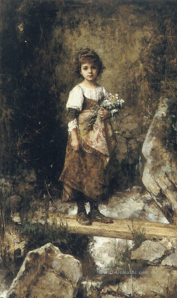 ein Bauernmädchen auf einem Steg Mädchen Porträt Alexei Harlamov Ölgemälde